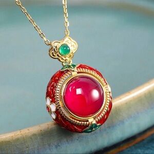 Carnelian Pendant Auspicious Floral Japanese Design Necklace Vintage 925 Gold
